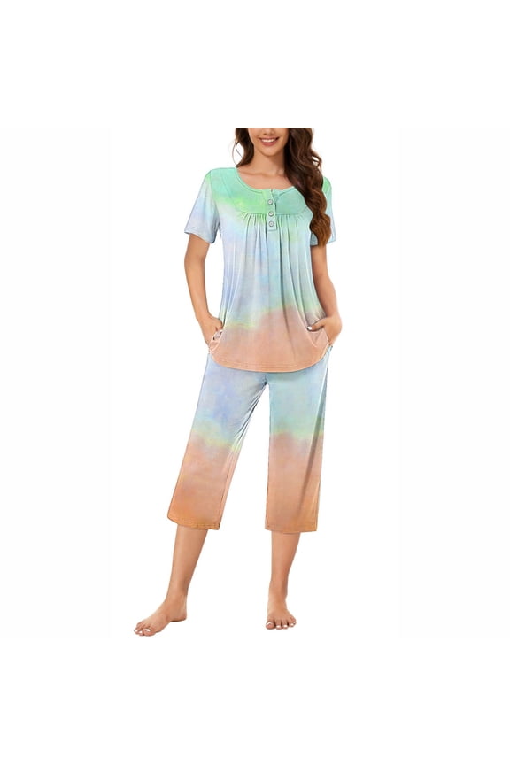 2 Piece Women's Tie Dye Short Sleeve Lounge Pajamas Set Capri Pants with Pockets Homewear S-3XL