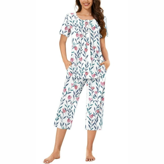 Tnhcen 2-Piece Women's Trendy Flower Print Summer Pajama Set Cozy Short Sleeve Capri Pants with Pockets Home Clothes S-3XL