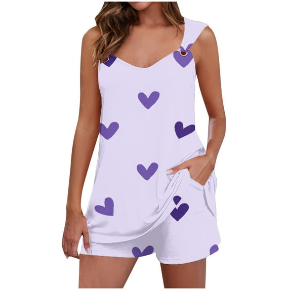 Tnhcen 2 Piece Women's Valentine's Day Heart Print Pajama Sets Soft Sleeveless Cami Top and Shorts Pjs Homewear Set S-2XL
