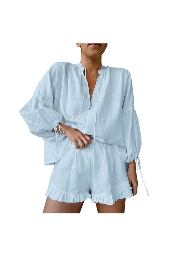 2 Piece Womens Ruffle Pajama Sets Cozy Cotton Lounge Set Long Sleeve Button Down Shirt Shorts Set Homewear S-2XL