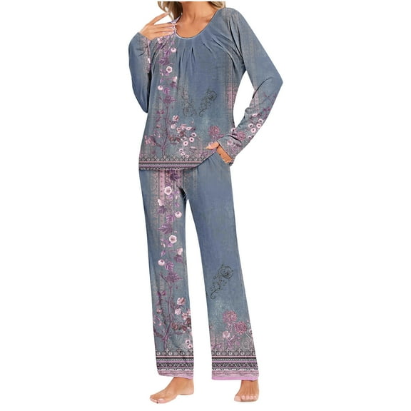Tnhcen 2 Pieces Women's Comfort Gradient Printed Casual Top Pants Pajamas Set Homewear S-3XL