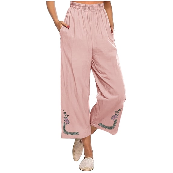 Tnhcen 2025 New Women's Pre-Shrunk Linen-Cotton High Waist Wide Leg 9 Inch Hem Embroidered Wide Leg Pants with Elastic Waistband S-2XL