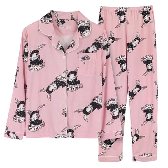 Tnhcen 2025 Women Cartoon Print Pajama Lounge Set Long Sleeve Sleepwear Homewear 2 Piece Pjs