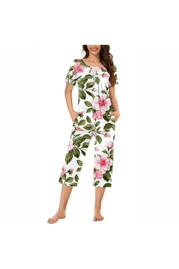 2025 Women's Cooling Pajamas Set Short Sleeve Top Capri Pants Pjs Lounge Sleepwear Set S-3XL