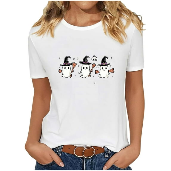Tnhcen 2025 Women's Halloween Cute Cartoon Print Cotton T-Shirt - Loose Fit Casual Basics Plus Size S-2XL Soft Fall Festival Tops