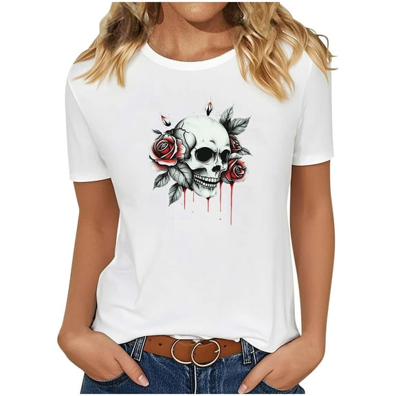 Tnhcen 2025 Women's Halloween Cute Cartoon Print Cotton T-Shirt - Loose Fit Casual Basics Plus Size S-2XL Soft Fall Festival Tops