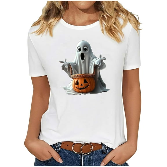Tnhcen 2025 Women's Halloween Cute Cartoon Print Cotton T-Shirt - Loose Fit Casual Basics Plus Size S-2XL Soft Fall Festival Tops