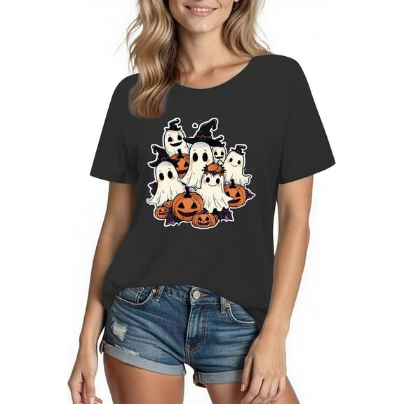 Tnhcen 2025 Women's Halloween Cute Print Cotton T-Shirt - Round Neck Short Sleeve Basic Tops Plus Size S-2XL Fall Festival Wear Costumes
