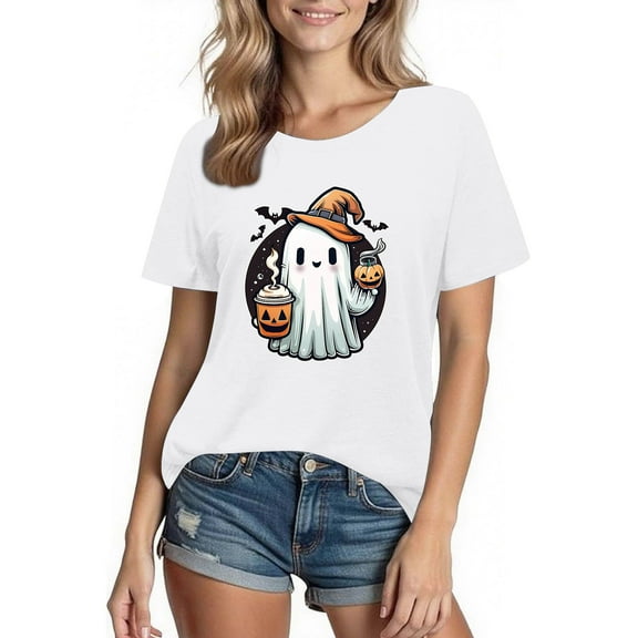 Tnhcen 2025 Women's Halloween Cute Print Cotton T-Shirt - Round Neck Short Sleeve Basic Tops Plus Size S-2XL Fall Festival Wear Costumes