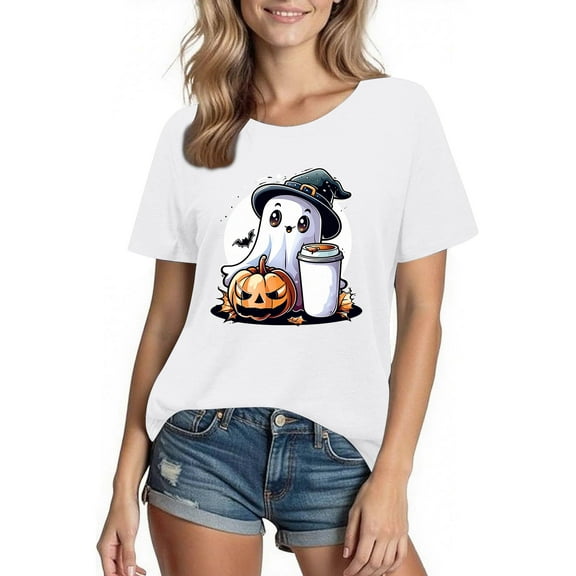 Tnhcen 2025 Women's Halloween Cute Print Cotton T-Shirt - Round Neck Short Sleeve Basic Tops Plus Size S-2XL Fall Festival Wear Costumes