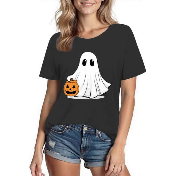 Tnhcen 2025 Women's Halloween Cute Print Cotton T-Shirt - Round Neck Short Sleeve Basic Tops Plus Size S-2XL Fall Festival Wear Costumes