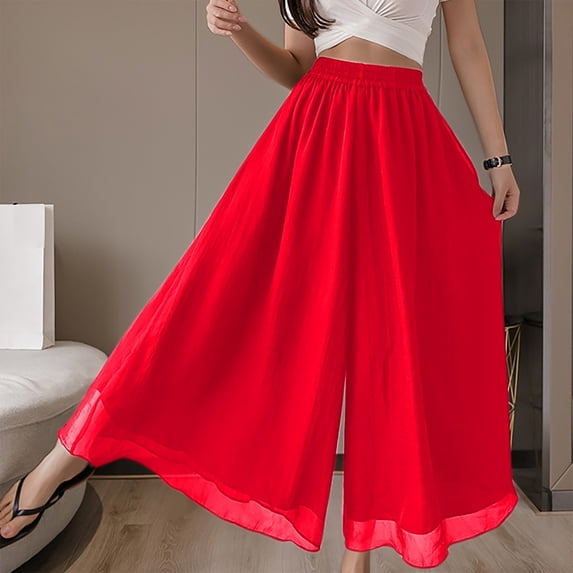 Tnhcen 2025 Women's Trendy Pure Color Double-Layer Chiffon Wide-Leg Pants with Elastic Waistband & Pleated Oversized Long Trousers for Women (M-2XL)
