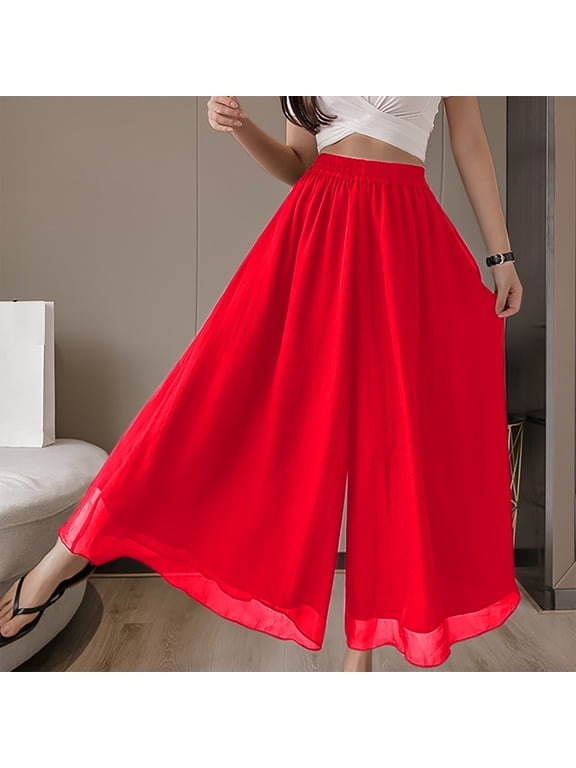 2025 Women's Trendy Pure Color Double-Layer Chiffon Wide-Leg Pants with Elastic Waistband & Pleated Oversized Long Trousers for Women (M-2XL)