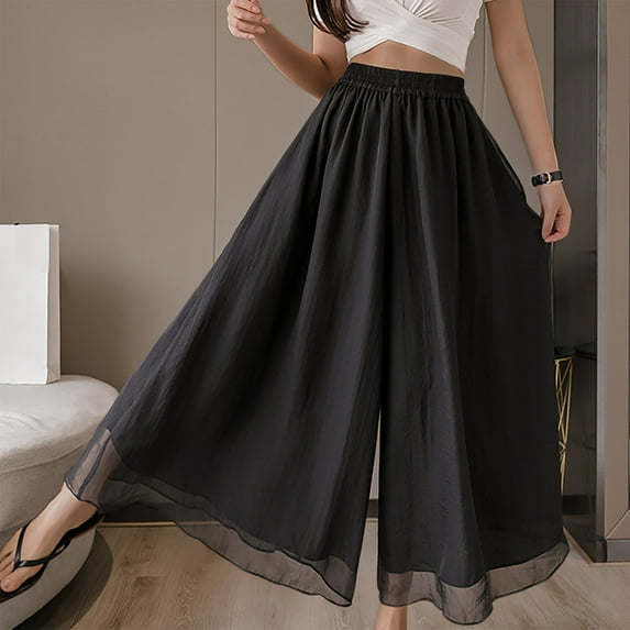 Tnhcen 2025 Women's Trendy Pure Color Double-Layer Chiffon Wide-Leg Pants with Elastic Waistband & Pleated Oversized Long Trousers for Women (M-2XL)