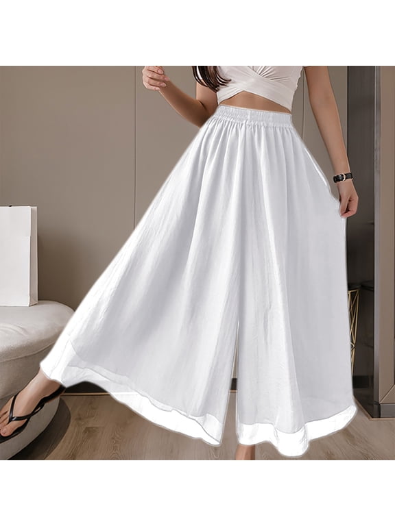 2025 Women's Trendy Pure Color Double-Layer Chiffon Wide-Leg Pants with Elastic Waistband & Pleated Oversized Long Trousers for Women (M-2XL)