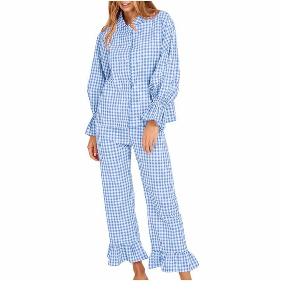 Tnhcen 2025 Womens Pajamas Sets Cotton Nightwear Set Cute Long Sleeve Button Down Shirt With Long Pants Homewear S-XL