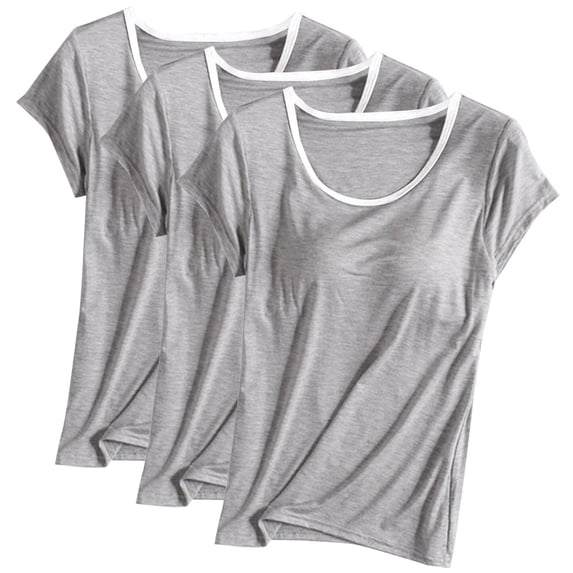 Tnhcen 3PC Women's Solid Color Crew Neck Short-Sleeved Top with Bra Pad Cup Home Clothes Short-Sleeved Pajamas Women's Sleepwear Nightwear Plus Size T-Shirts for Women
