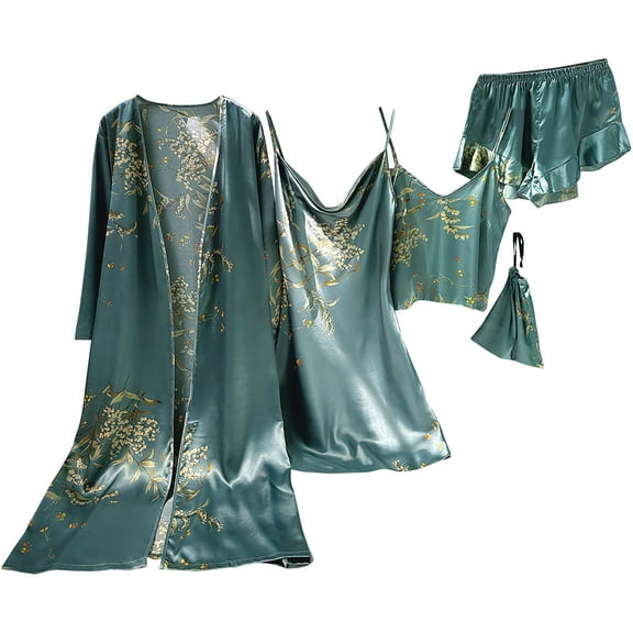 Tnhcen 5 Piece Floral Print Satin Women's 2025 Pajamas Set Nightgown Robe Cami Shorts Sleepwear Homewear Set S-XL