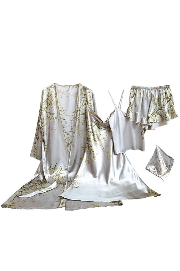 5 Piece Women's 2025 Floral Print Satin Pajamas Set Nightgown Robe Cami Shorts Sleepwear Homewear Set S-XL