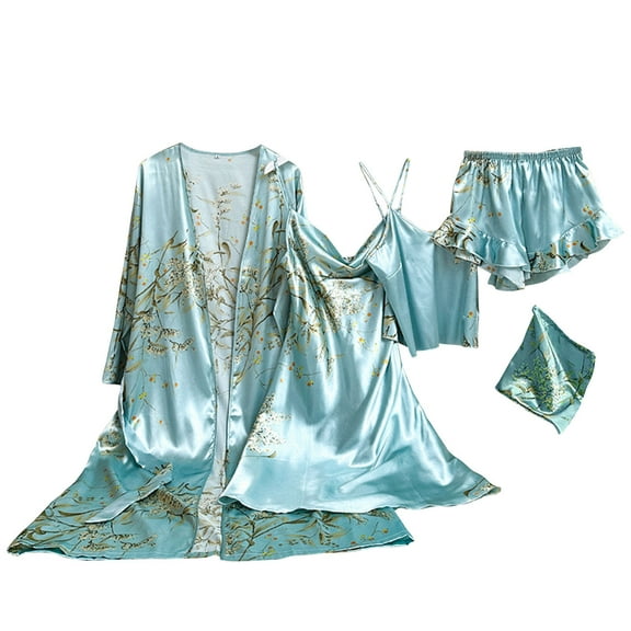 Tnhcen 5 Piece Women's 2025 Floral Print Satin Pajamas Set Nightgown Robe Cami Shorts Sleepwear Homewear Set S-XL