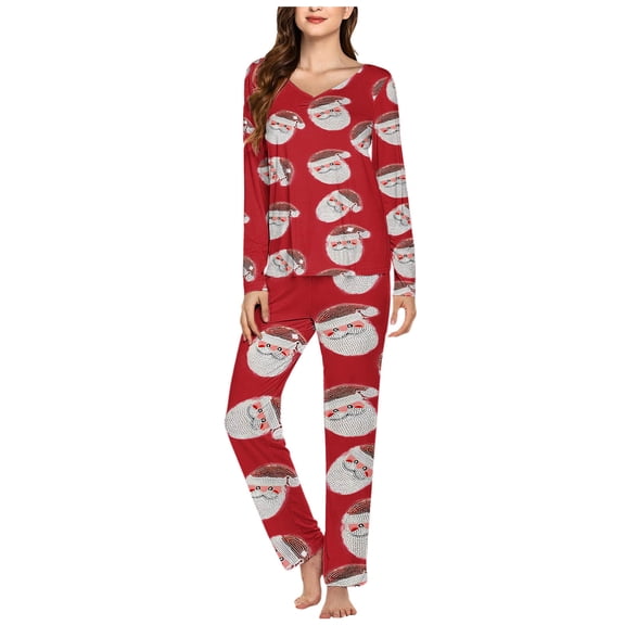 Tnhcen Adorable Christmas-Themed V-Neck Pajamas Women’s Soft Long Sleeve Top Comfortable Loose Pants Ideal Santa Claus Print Nightwear Homewear S-3XL