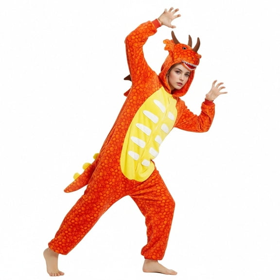 Tnhcen Adult Dragon Onesie Pajamas, Chinese New Year Animal Kigurumi, 100% Polyester Flannel Fleece, Year of the Dragon Costume Sleepwear, Hooded Long Sleeve Jumpsuit, S-XL