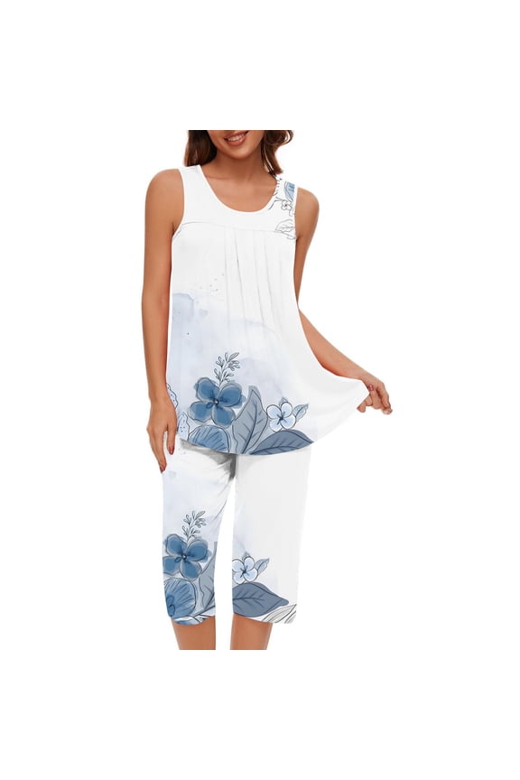 Affordable Women's Pajama Set Printed Sleeveless Crew Neck Top & Capri Pants Breathable & Stretchy S-2XL Sizes
