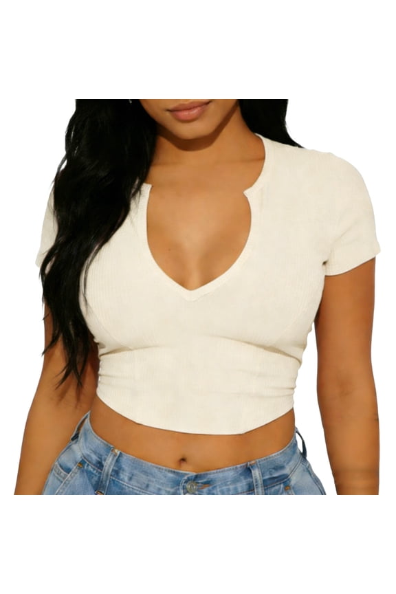 Bodycon Crop Top for Women, V-Neck Ribbed Short Sleeve Shirt, Stretchy Sleeveless Tops for Women Going Out, Clubbing Tops, Casual Chic Blouse, Sizes S-2XL