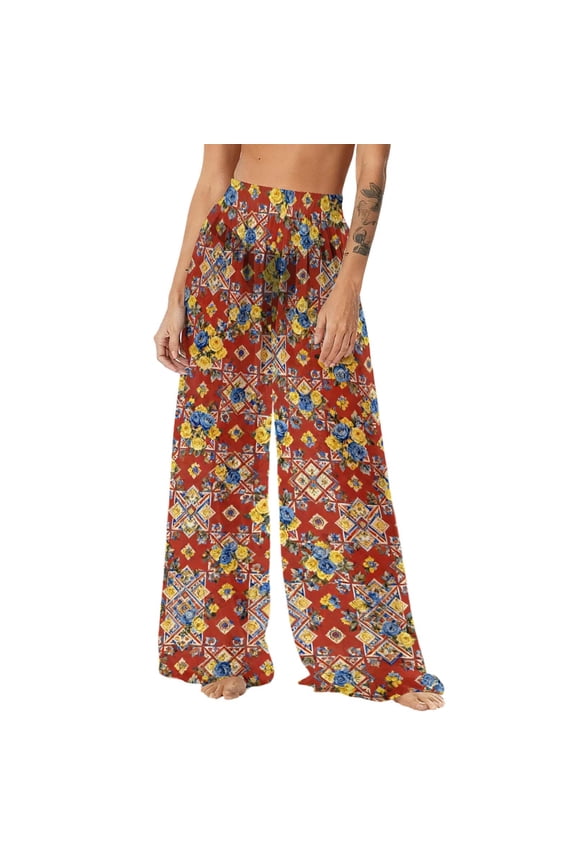 Bohemian Style 100% Polyester Chiffon Printed Lightweight Sun Protection Beach Cover - up Pants Wide - leg Trousers for Women S - 2XL