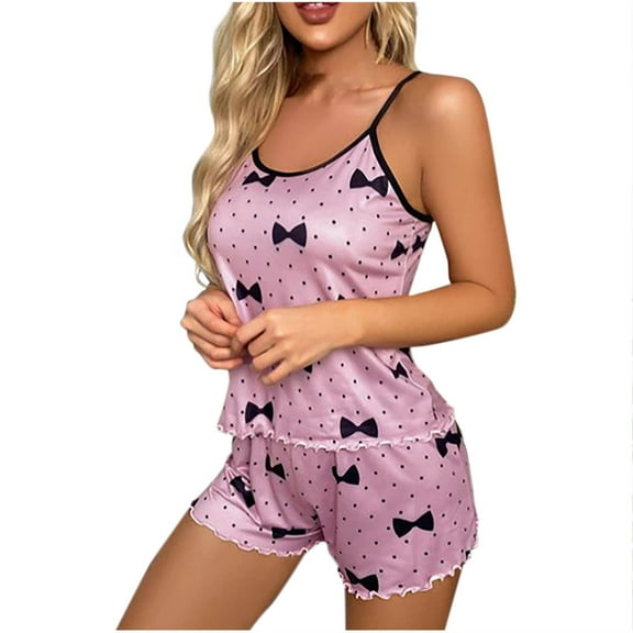 Tnhcen Bow & Polka Dot Pajama Set Women's Sleeveless Milk Silk Camisole & Shorts (S-XL) Soft & Stretchy