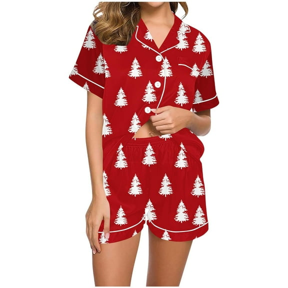 Tnhcen Christmas Pajamas for Women Two-Piece Pajama Set Holiday Sleepwear Short Sleeve & Short Pant Festive Snowflake Print Womens Pajamas Set Button Up Top with Pocket