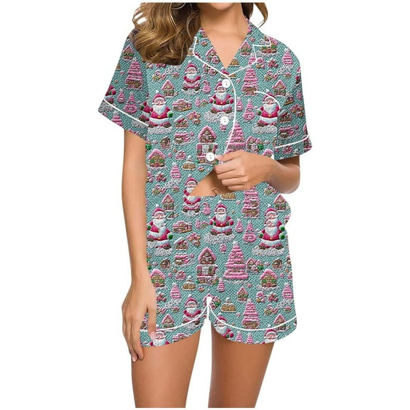 Tnhcen Christmas Pajamas for Women Short Sleeve Pajama Set Holiday Pajamas Womens 2 Piece Pajama Set Christmas Sleepwear Flannel Pajamas Short Set