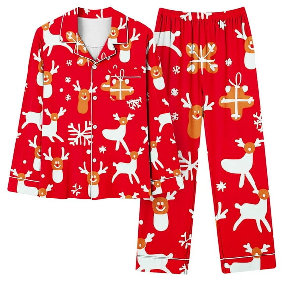 Tnhcen Christmas Print Women’s Lounge Wear V-Neck Long Sleeve Button-Up Top with Pocket Elastic Waist Pants Pajamas Home Clothes Women's 2 Piece Pajamas Set S-3XL