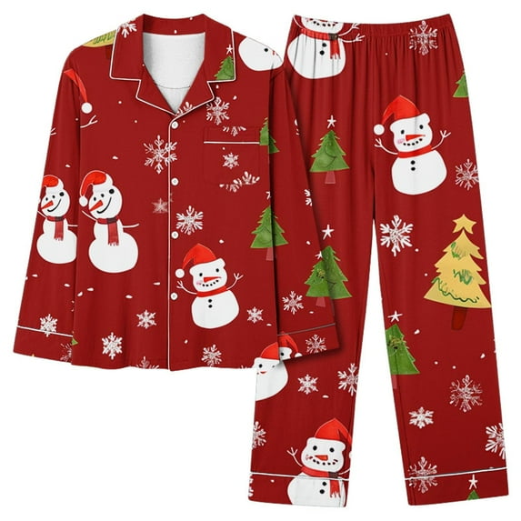Tnhcen Christmas Snowman Print Pajamas 2-Piece V-Neck Pjs with Pocket Detail Set Soft Nightwear Festive Home Lounge Wear S-2XL