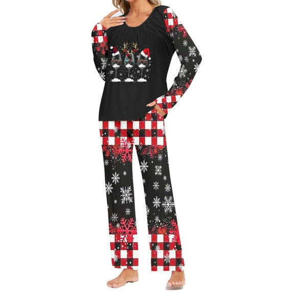 Tnhcen Christmas-Themed 2-Piece Women's Pajamas Set Crew Neck Long Sleeve Top Pants Soft Holiday Nightwear with Festive Prints for Lounge Home Wear S-3XL
