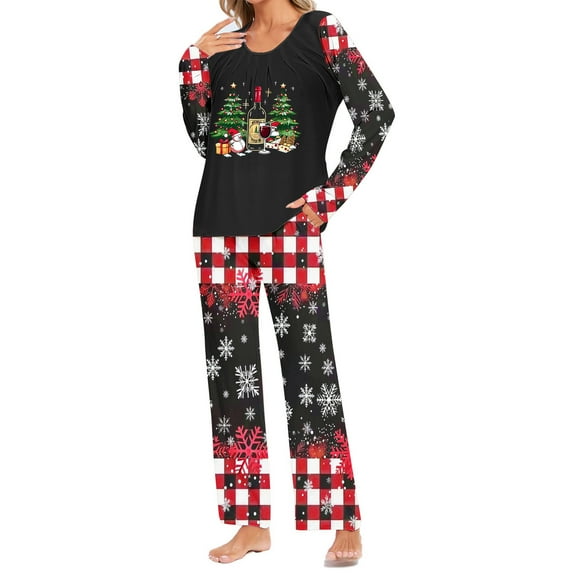 Tnhcen Christmas-Themed 2-Piece Women's Pajamas Set Crew Neck Long Sleeve Top Pants Soft Holiday Nightwear with Festive Prints for Lounge Home Wear S-3XL