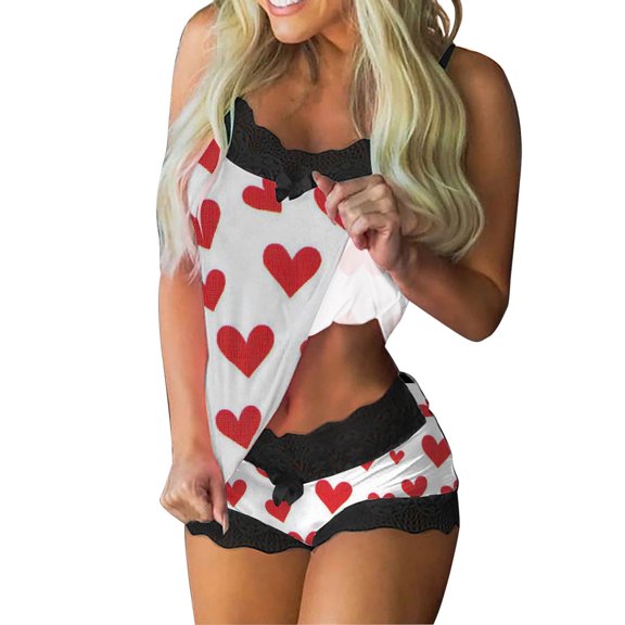 Tnhcen Christmas Women's 2-Piece Pajama Sets Lace Splicing Print Sleeveless Sling Tank Shorts Snug Nightwear Homewear S-2XL