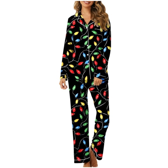 Tnhcen Christmas Women’s 2-Piece Soft Pajama Set Cute Print Long Sleeve V-Neck Button-Up Top Pants Pjs Set Homewear S-3XL