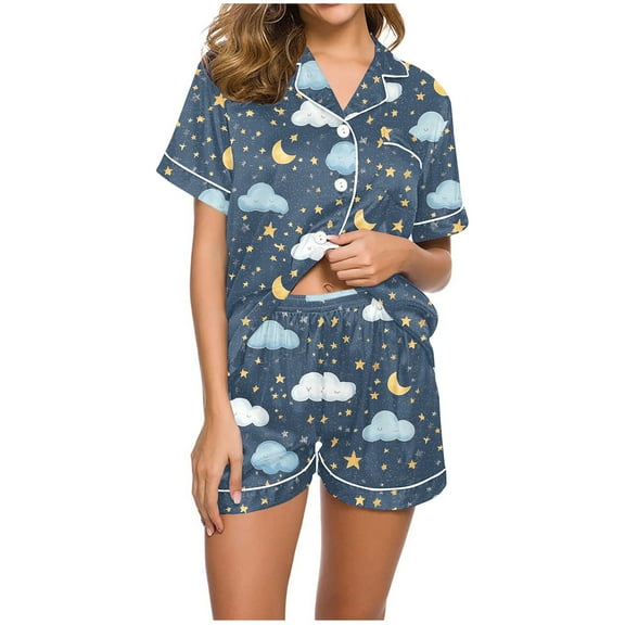 Tnhcen Comfy Homewear Pajamas Set Women's Short Sleeve Button Down Top Lounge Shorts Pjs​ Set S-2XL