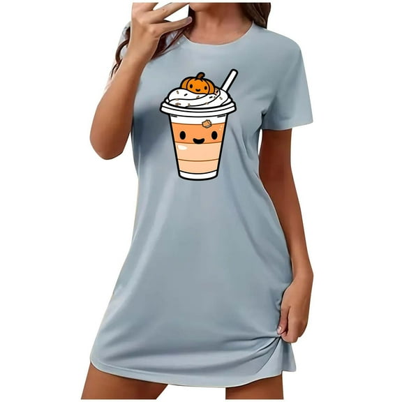 Tnhcen Cool Halloween Sleepwear Plus Size Cartoon Print Short Sleeve Dress Round Neck Soft Polyester Spandex S-2XL for Warm Season Parties