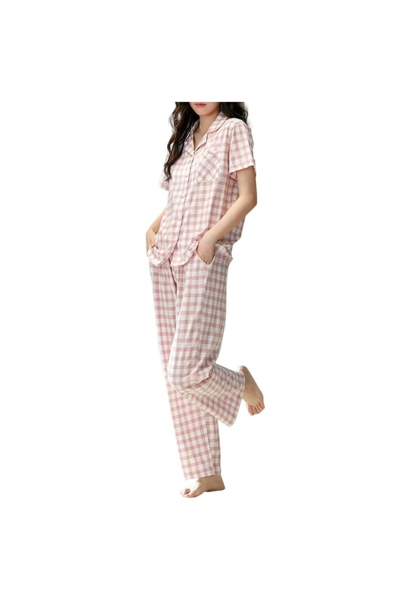 Cotton Pajamas for Women Soft 2 Piece Plaid PJS Sleepwear Loungewear Sets for Women Button Long Sleeve M-3XL