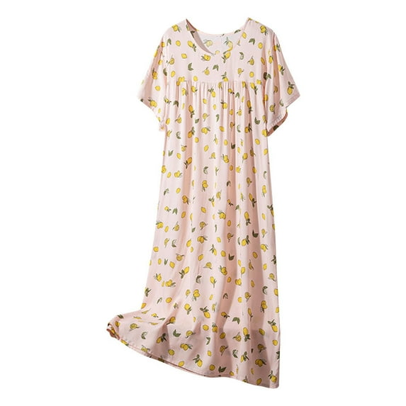 Tnhcen Cotton Summer Loungewear – Women's Crew Neck Short Sleeve Long Dress with Playful Print Nightdress Soft Lightweight Free Size for Relaxing