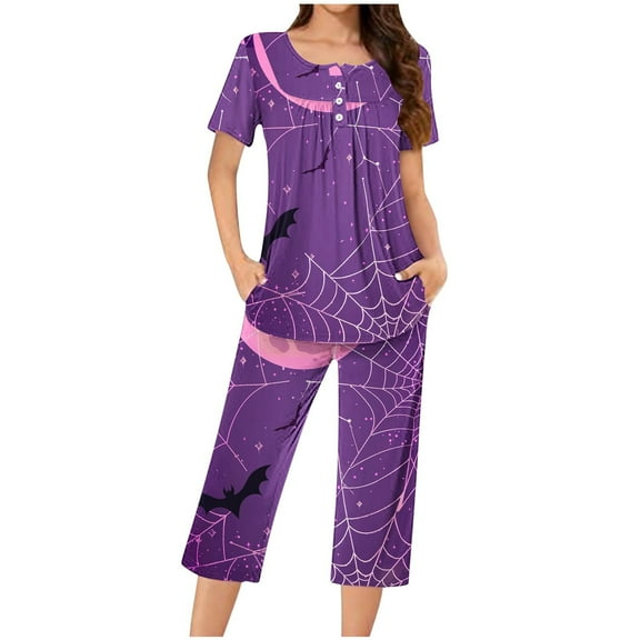Tnhcen Crew Neck 2-Piece Halloween Pajamas for Women Short Sleeve Print Pjs Capri Pants Pockets Comfy Homewear S-3XL