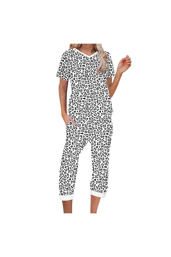 Elegant Printed Pajama Set Women's V-Neck Short Sleeve Blouse Cotton Capri Pants with Side Pockets​ S-2XL