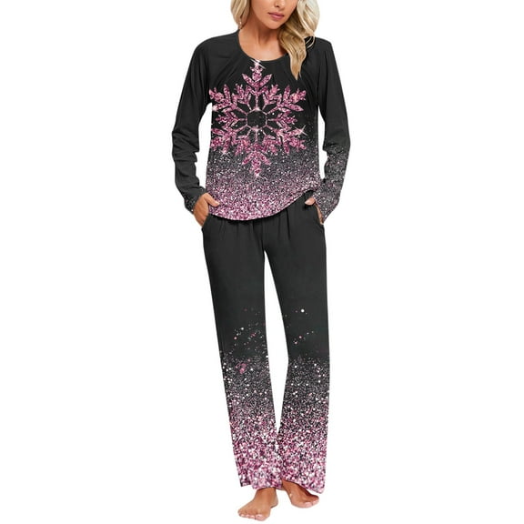 Tnhcen Elegant Women's Christmas Snowflake Print Pajamas Set Crew Neck Long Sleeve 2-Piece Sleepwear Lounge wear Home Clothes S-3XL