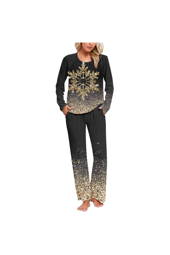 Elegant Women's Christmas Snowflake Print Pajamas Set Crew Neck Long Sleeve 2-Piece Sleepwear Lounge wear Home Clothes S-3XL