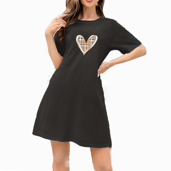 Tnhcen European Style Milk Silk Double Brushed Heart Print Short Sleeve Sleepwear Dress | Summer Thin Crewneck Pajamas | Plus Size S-XL