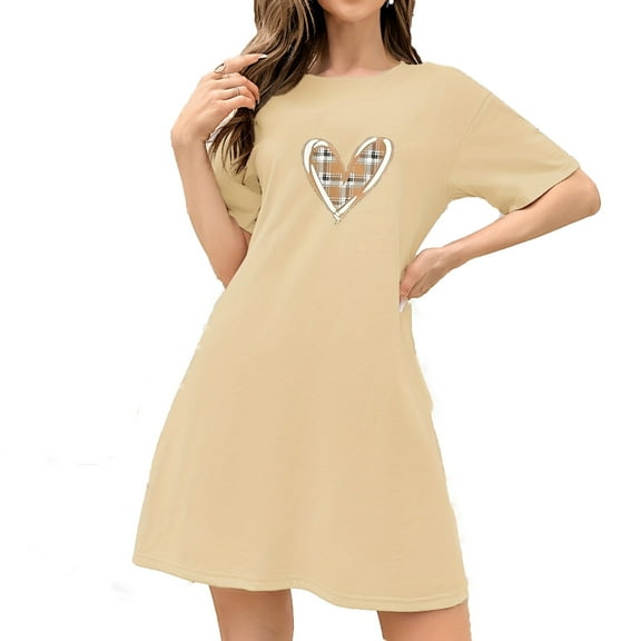 Tnhcen European Style Milk Silk Double Brushed Heart Print Short Sleeve Sleepwear Dress | Summer Thin Crewneck Pajamas | Plus Size S-XL