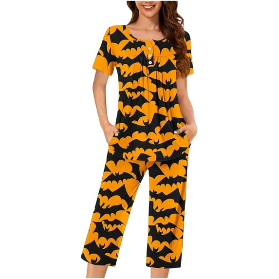 Tnhcen Fall Halloween Women's Pajama Set 2 Piece Short Sleeve Round Neck Button Down Top with Pockets and Capri Pants Holiday Printed Nightgown Loungewear Soft Stretch Plus Size S-3XL