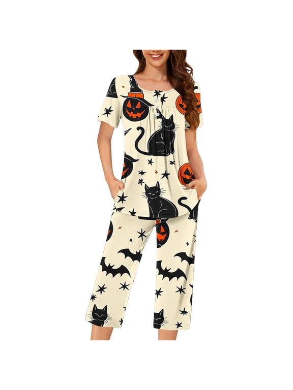 Fall Halloween Women's Pajama Set 2 Piece Short Sleeve Round Neck Button Down Top with Pockets and Capri Pants Holiday Printed Nightgown Loungewear Soft Stretch Plus Size S-3XL